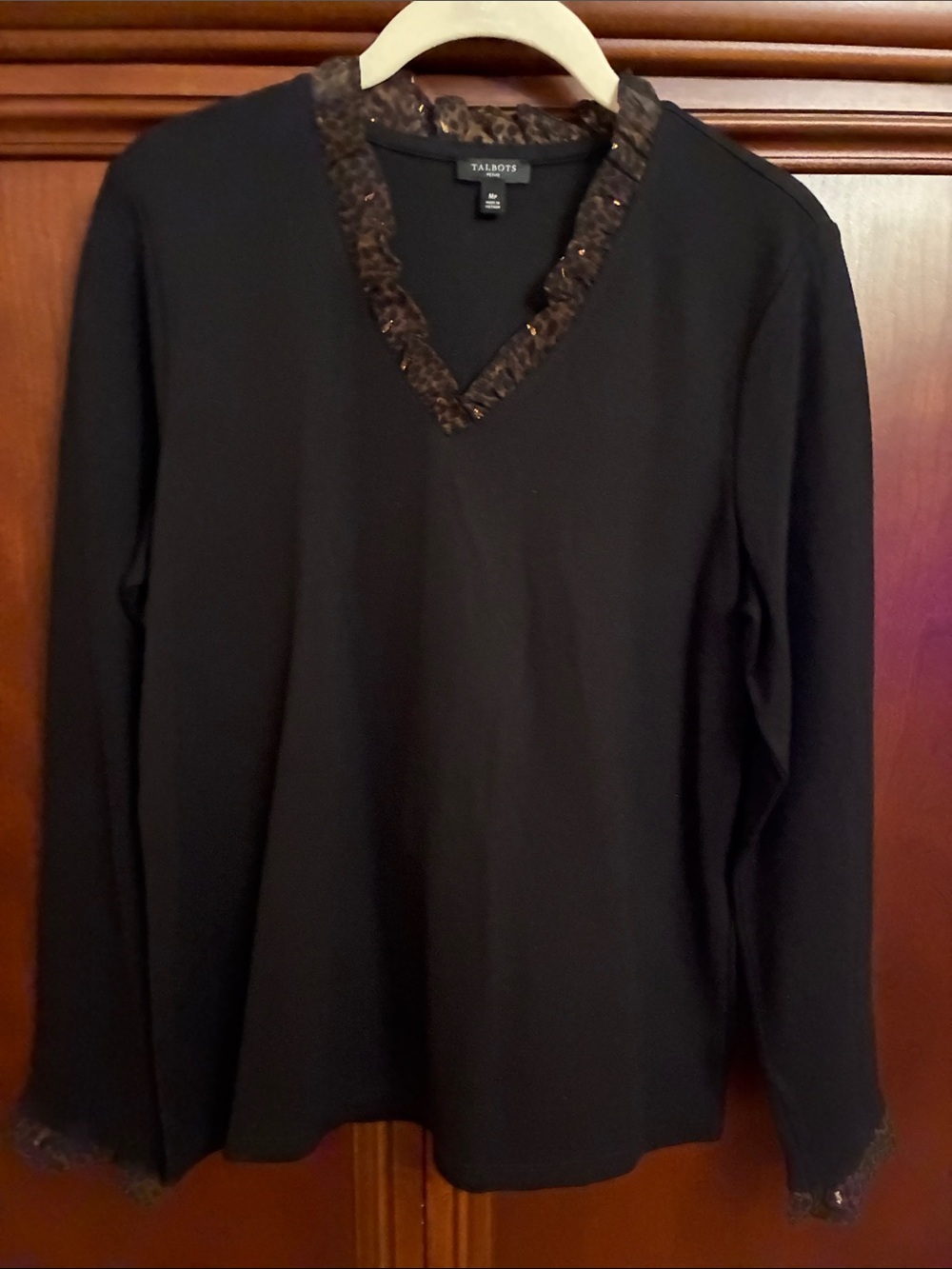 Talbots Black Long-Sleeve V-Neck Top with Lace-Trim